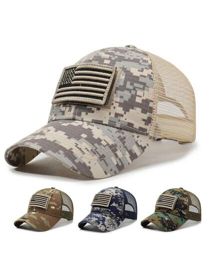1 Stück Unisex Mesh - Paneel Digital Camouflage Baseballkappe mit abnehmbarem amerikanischen Flaggen Patch, militärisch inspirierter Trucker Hut für Herren & Damen, geeignet für taktische Outdoor-Aktivitäten, Jagd, Camping, Reisen & lässigen Alltags-Styling
