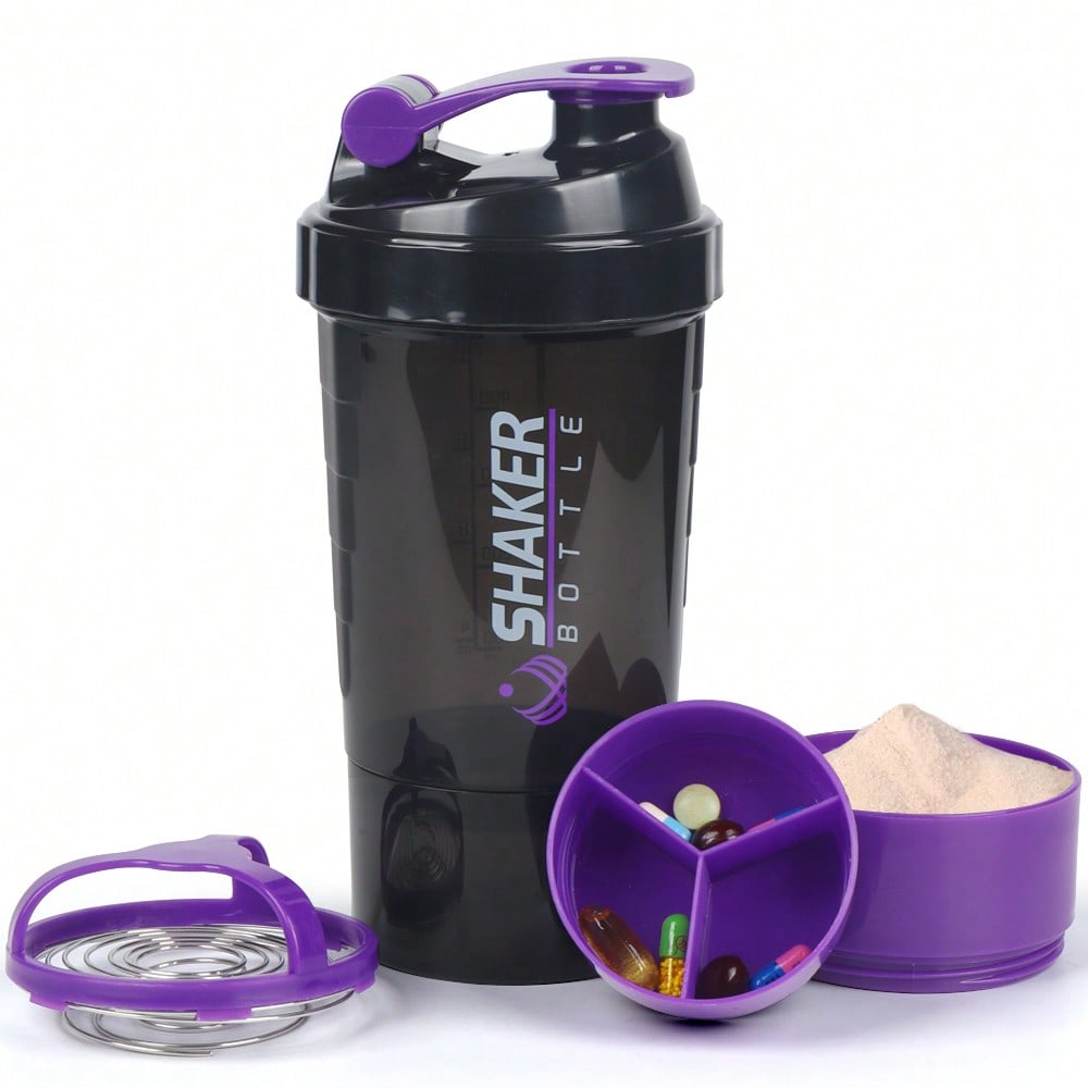 Shaker in plastica per polvere proteica e frullati, bottiglia d'acqua sportiva per corsa e fitness
