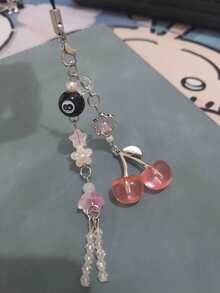 1 件 Y2K 风格 Y2K 红色樱桃与音符吊饰手机挂绳，糖果装饰樱桃吊坠，蝴蝶结，可用作手机挂绳和配件，耳机吊饰 - 粉色 - 查看 3