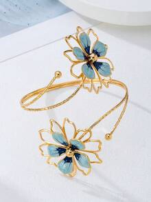 1pc Iron Alloy Double-Headed Enamel Drip Glaze Textured Floral Bangle Bracelet, Minimalist Elegant Fashion Suitable For Mother's Day Gift, Party, And Daily Wear - Blue - View 3