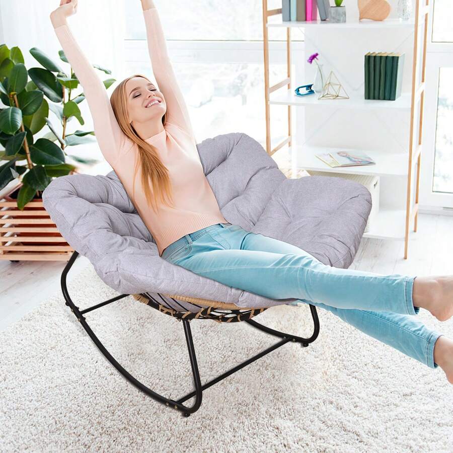 Outdoor Rattan Rocking Chair, Patio Comfy Reading Chair With Oversized Cushion, Indoor Recliner Wide Rocking Chair For Balcony, Front Porch, Garden, Living Room - Grey - View 1