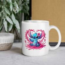 Disney Mug, Disney Cute Stitch Playing Water Pattern Ceramic Coffee Mug For Milk, Coffee, Smoothies Juice And Drinks, Great For Birthdays, Christmas, Camping And Back To School | 1 Pc - 白色 - 查看 3