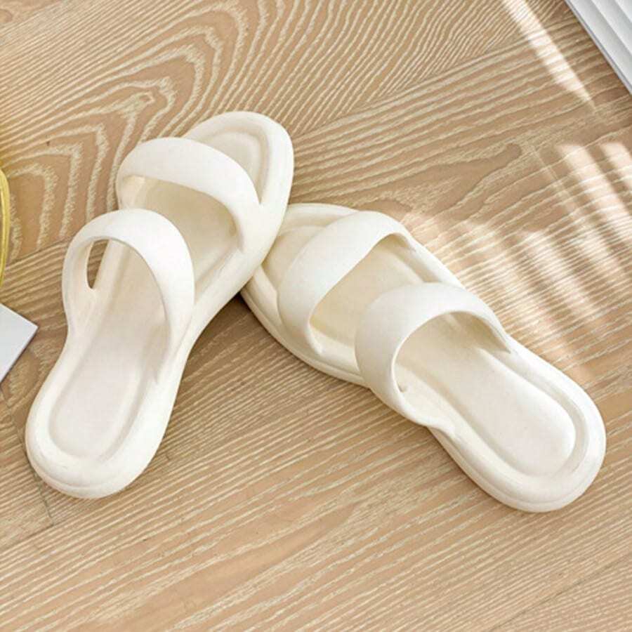 Women Simple Style Slippers, Home Bathroom Slides, Beach Sandals, Soft EVA Double Strap Flat Flip Flops - Beige - View 1