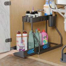 2-Tier Sliding Drawer Plastic Material Sink Organizer Rack, Multifunctional Kitchen & Bathroom Storage Solution, Black Sink Organizer And Cabinet