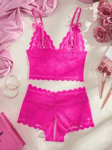情人节惊喜礼物：性感蕾丝花卉内衣套装 - 薄纱蝴蝶结文胸搭配开裆内裤 - 玫紅色 - 查看 3