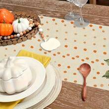 1pc Autumn Gratitude Sister Theme Table Runner - Pumpkin With Green Leaves And Black Grid Design, Suitable For Holiday Parties, Kitchen Dining, Home Decoration, Durable Polyester Material Holiday Table Decoration, Holiday Table Decoration, Autumn Harvest Theme Decoration, Bow Decoration, Autumn And Thanksgiving Decoration.