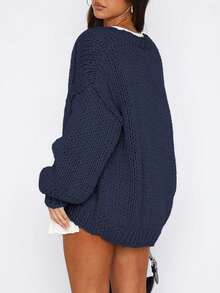 Women's Fall Open Front Cardigan Sweaters Long Sleeve Loose Fit Chunky Knit Outerwear New Years Casual Outfits - Màu xanh hải quân - Xem 2