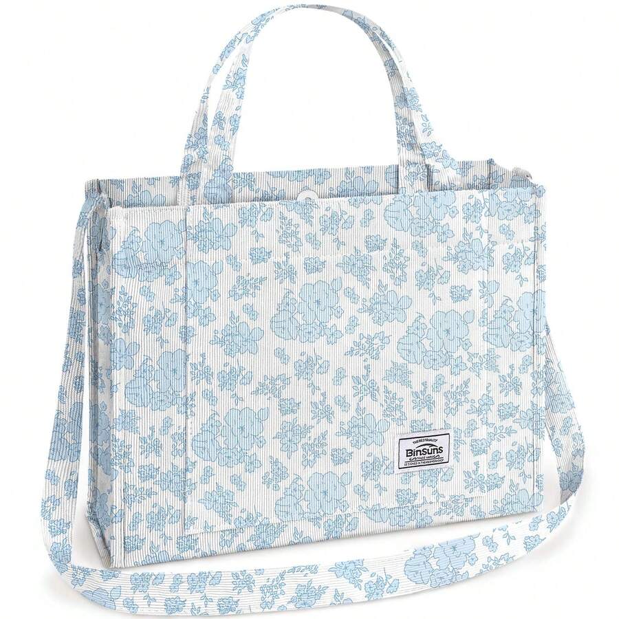 Corduroy Handbag, Square Casual Bag, Stylish Commuting Bag With Large Pocket, Women Shoulder Bags Work Handbags Everyday Hobo Bag(Blue Flowers) - 藍花 - 查看 1