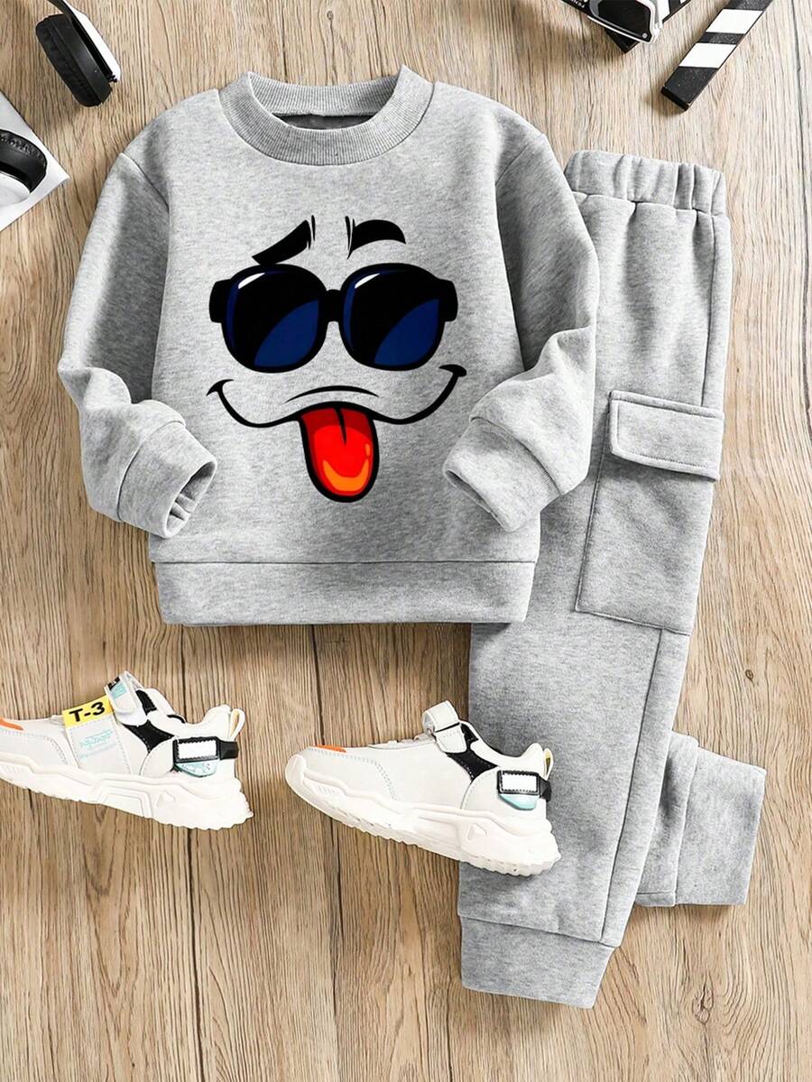 青少年男孩卡通图案印花圆领运动衫和运动裤套装 - 灰色 - 查看 1