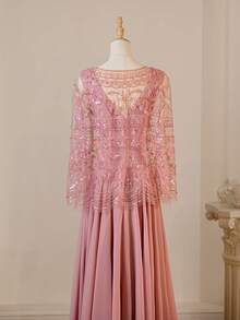 Glamorous Heavily Embroidered Floral V-Neck Sleeveless Dress With Shawl - Pink - View 8