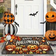1 buc. Covoraș de intrare cu imprimeu de dovleac pentru decor de casă de Halloween, moale, antiderapant, absorbant, lavabil, pentru bucătărie, covor pentru atmosferă de sărbătoare, covor dreptunghiular cu fire scurte pentru intrarea în camera de zi, dormitor, bucătărie, spălătorie, baie