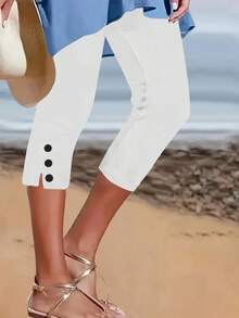2pcs Women's Solid Color Capri Pants With Button Details - Medium Elasticity, Machine Washable, All-Season Casual Wear For Adults, Comfortable Leisurewear | Sleek Capri Pants | Stretchable Fabric, Capri Leggings - 黑色+白色 - 查看 2