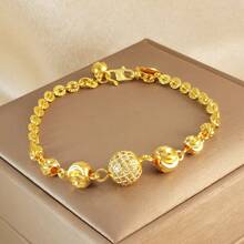 1pc 24k Gold Copper Plated Women's Charming Round Ball Inlaid Zirconia Bracelet Suitable For Parties, Gatherings, Seaside Tourism, Vacations, Saudi Arabia National Day Accessories Gifts - Yellow Gold - View 8