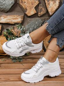 2025年新款秋冬女士透气网眼厚底运动鞋，百搭休闲白鞋 - 淺灰色 - 查看 4