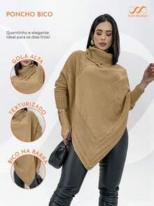 Swisz Women's Winter Poncho Knit Long Sleeve V-Neck Sweater With Scarf - 米色 - 查看 4