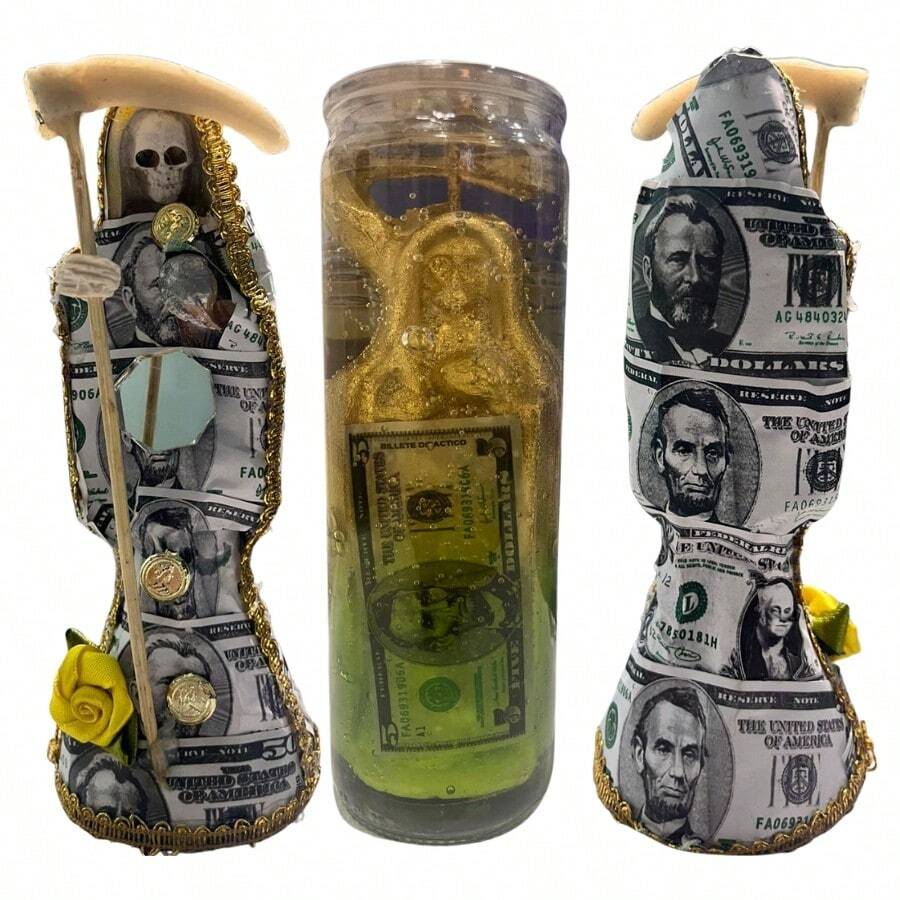 Santa Muerte Dólar 15 cm Vestida + Veladora De Gel Santa Muerte Llama Clientes - Abundancia Económica, Atracción Del Dinero, Suerte Financiera, Riqueza - Blanco y Negro - Ver 1