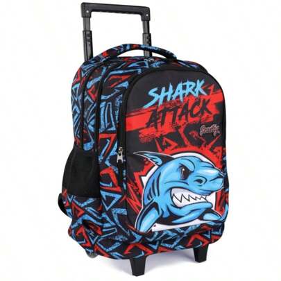 Tilami Kids Fashion Rolling Backpack, Dounle Handle 18 Inch Laptop Backpack, Plane Bag, Luggage, School Supplies, Durable With Waterproof Material, Big Storage Capacity, Great For Boys And Girls School, College, Vacation, Trip Use, Travel Bag With Wheels, Cute White Horse, Blue Shark And Pink Star Patterns,
