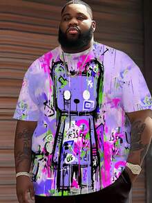 Camiseta de manga corta con estampado de graffiti colorido para hombres de talla grande, moda casual de cuello redondo, estilo hip hop y urbano - Multicolor - Ver 4