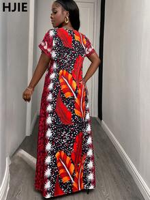 Váy Maxi Cổ Tròn Cho Nữ Với Họa Tiết Hoa Và Lông Vũ Phong Cách Châu Phi, Đường Viền Cổ Áo Có Họa Tiết Ren Tinh Tế, Và Màu Sắc Bắt Mắt, Trang Phục Tốt Nghiệp - Đỏ - Xem 2