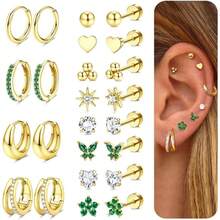Milacolato Hypoallergenic Gold Stud Hoop Earrings For Women Men Surgical Stainless Steel Flat Back Earrings Small 14K Gold Huggie Hoops Cartilage Earring Set For Multiple Piercing Jewelry Gifts For Women - 彩色 - 查看 12