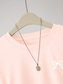 女士休闲修身蝴蝶结印花细节简约纯色褶裥圆领短袖连衣裙粉色夏季优雅 - 粉色 - 查看 4