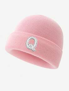 1pc Women's Fashion 26 Faux Pearl Letter Decor Elastic Warm Knit Hat, Outdoor Cold-Proof Cap, Suitable For Autumn/Winter Daily Wear, Matching, Great Gift Autumn Accessories - Pink - View 21