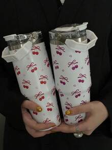 1pc30oz Red And Pink Bow Cherry Pattern Water Cup, Stainless Steel Insulated Coffee Cup, Double-Layer Protective Vacuum Water Bottle With Lid, Highly Attractive Outdoor Portable Coffee Cup, Perfect Christmas Gift, Portable And Reusable. - Multicolor - View 2