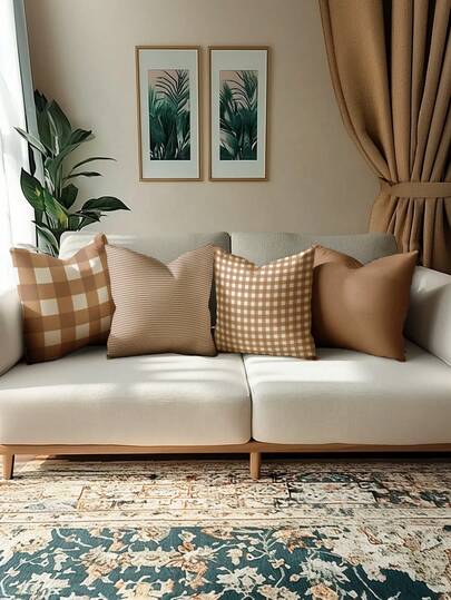 4 件橙色几何格子枕套，清新简约风格，家居装饰，沙发装饰靠垫套，方形仿亚麻抱枕套，现代沙发装饰枕套，无枕芯