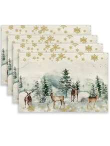 Christmas 2pcs/4pcs/6pcs Linen Placemat, Watercolor Print Pattern Placemat 12*18 Inch Heat Resistant, Non-Slip & Washable, Suitable For Christmas Holiday Farmhouse Family Gatherings And Party Decoration Placemats