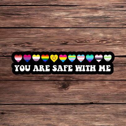 1 PIEZA Pegatina de la bandera del orgullo LGBTQ+ con corazones "Estás a salvo conmigo", calcomanía de vinilo brillante resistente al agua y a prueba de agua para botellas, portátiles, diarios y lectores electrónicos, regalo perfecto de aliado para el amor, la igualdad y la aceptación