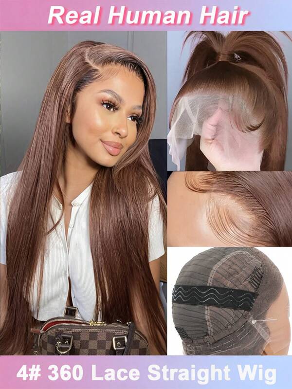 38 Zoll schokoladenbraune gerade Haare 360 Grad Spitzenfront Perücke aus Echthaar, transparente Spitze mit vorgezupften Babyhärchen, 360 Grad volles Spitzenfront Perücke aus brasilianischem Jungfernhaar