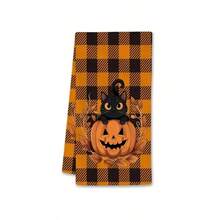 Un set de 2 toallas con temas de Halloween con patrones impresos de fantasmas y gatos negros, decorados con cuadrículas, lavables a máquina, resistentes al calor, absorbentes y reutilizables. Es un regalo ideal para la decoración de la habitación, toallas de cocina y baño, decoración de fiestas y decoración del hogar.