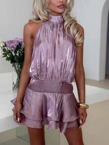 Women Mini Halter Neck Dress Pleated Sleeveless Open Back A-Line Layered Ruffle Short Dress - Morado Violeta - Ver 2