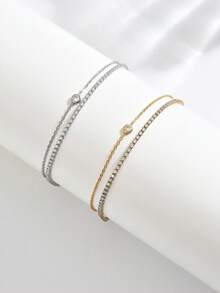 1pc/Pack Rhinestone Decorated Women Layered Thin Chain Bracelet, Fashion Versatile Jewelry Suitable For Various Occasions, Silver & Gold Color - Stacking - View 5
