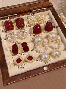 1 套简约花卉仿珍珠红色滴油几何方形奢华优雅设计耳环套装，适合女性日常和节日佩戴 - 套裝M款 - 查看 10