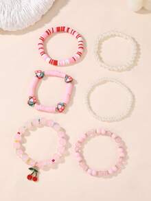 6pcs/Set Girls' Soft Clay Faux Pearl Beaded Cherry Bracelet Set, Suitable For Teenagers - Multicolor - View 4