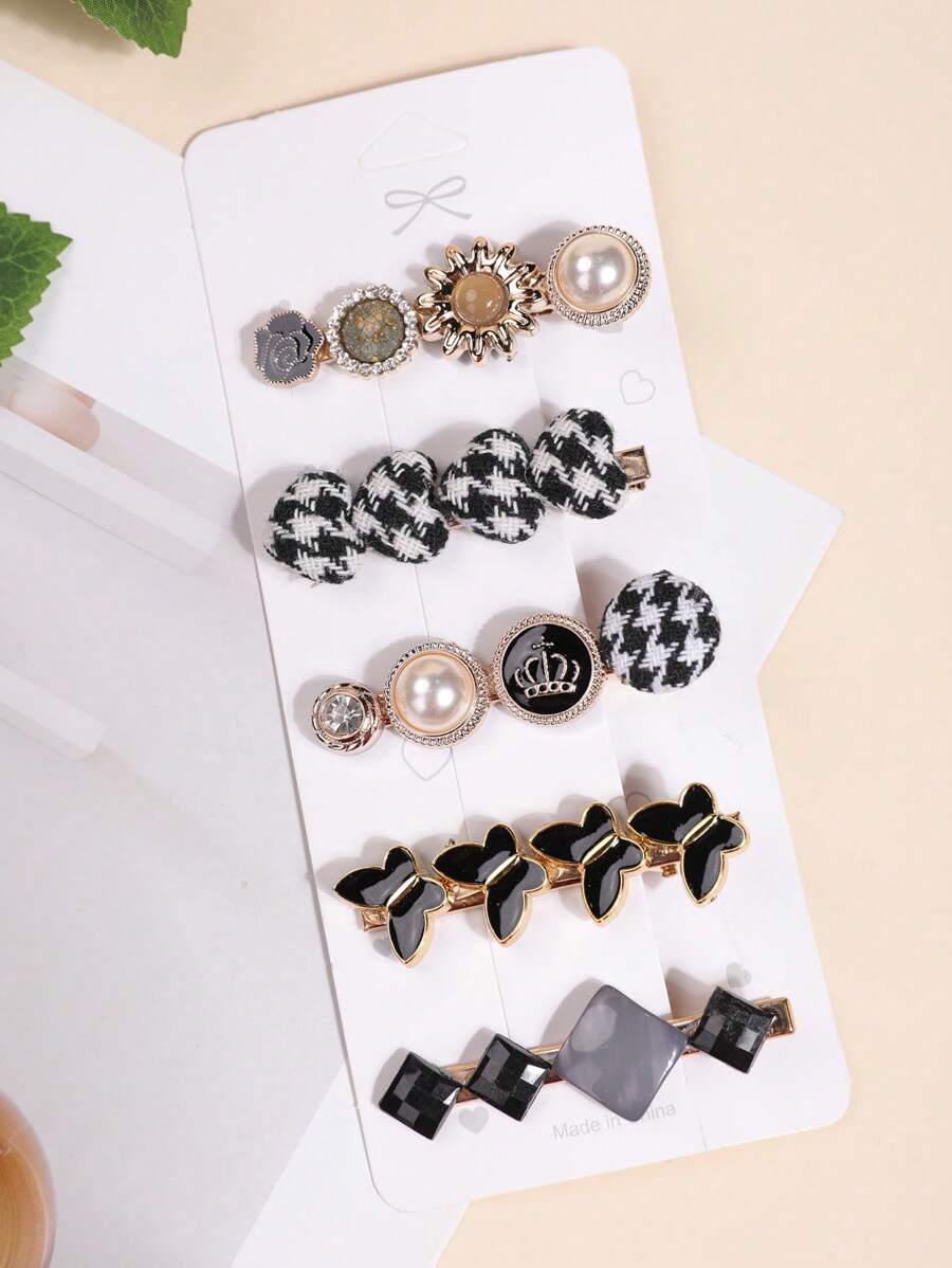 5 件/套复古发夹、格子、珍珠纽扣、侧刘海、发夹、爪夹、发夹、发夹、发夹、发夹 - 彩色 - 查看 1