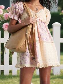 Women's Floral Print Maternity Dress Bow Tie Front Ruffled Trim V Neck Short Sleeve A-Line Mini Dress For Spring/Summer - 紫色 - 查看 5