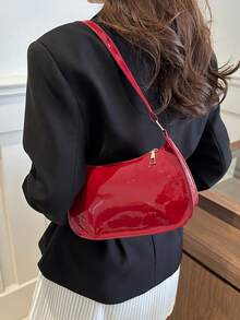 Minimalist Solid Color Glossy Shoulder Bag - Burgundy - View 4