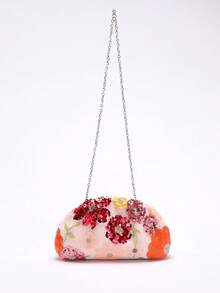 1pc Colorful PVC Sequin Flower Pattern Pink Linen Base Mesh Embroidery Ruffle Cloud Clutch Bag, Shiny Elegant Evening Bag For Casual, Holiday, Party Use (Flower Sequin Pattern Randomly Sent) - Pink - View 7