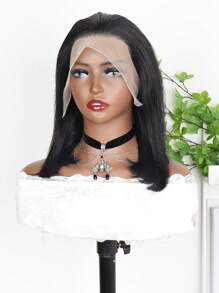 6-16 英寸自然黑色直发鲍勃假发，13x4 透明蕾丝前假发，180% 密度混合头发，适合女性 - 无胶中分款式，适合日常穿着和角色扮演派对，多功能发型|无胶假发（混合假发 - 人发和合成混合）假发人发混合/女士人发混合假发/人发混合蕾丝前假发/无胶假发/漂白结/蕾丝假发/化装派对/万圣节 - SNatural - 查看 4