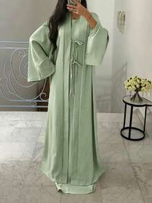 ANCHOSE Women's Middle Eastern Elegant Sleeveless Maxi Dress And Bowknot Long Cardigan Two Pieces Set - Bean Paste Green - View 7