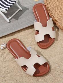 1 Pair Beige Round Toe Lightweight Luxury Open Toe Slippers, Casual Minimalist Fashion, Flat Beach Sandals Suitable For Indoor And Outdoor, Daily, Vacation And Travel