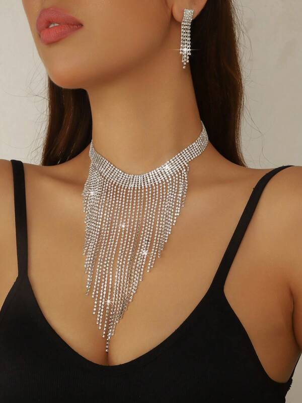 2pcs Women's Elegant Luxury Fashion Jewelry Set, Crystal Necklace + Earrings, Graceful & Versatile, Best Accessory For Weddings, Galas, Parties, And Daily Wear