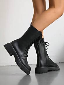 Giày bốt Punk mũi tròn buộc dây cao đến giữa bắp chân thời trang đa năng thoải mái cho nữ - màu đen - Xem 5