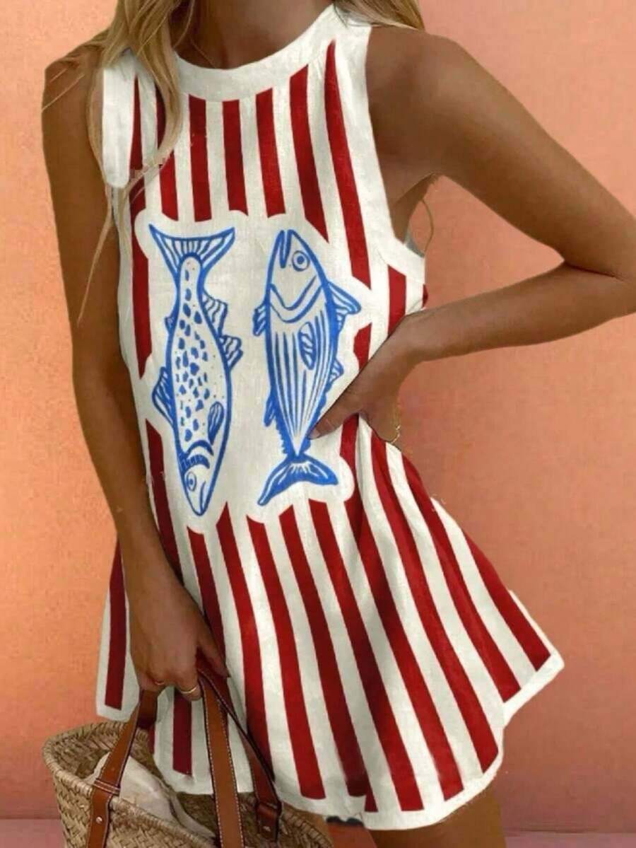 Women Y2k Graphic Tank Mini Dress Fruit/Lobster/Fish Print Sleeveless Crewneck Loose Fit Short Dress Summer Casual Going Out Boho Dresses Beach Vacation Cute Sundress - 紅色 - 查看 1