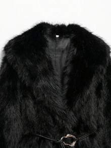 Camellia Autumn/Winter New Faux Fur Effect Mid-Length Thick Warm Coat With Belt - Black 1 - View 5