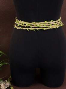 1件女士时尚优雅腰链，亚麻腰绳搭配PU皮革绿色叶子形腰带，派对礼服配饰 - 綠色ZSJ-274LS ZSJ-271 - 查看 4