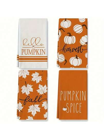 4 件秋季南瓜和枫叶厨房毛巾 - 橙色和白色丰收设计，带有“你好南瓜”和“秋季香料”文字，柔软涤纶洗碗巾，适合感恩节、农家烹饪、烘焙和清洁、南瓜厨房毛巾、秋季装饰、秋季装饰、房间装饰