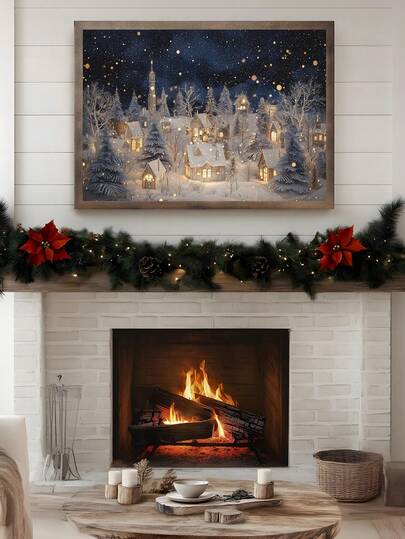 1pc Vintage Christmas Snow Landscape Village Night Stars Poster, Ice Skating Winter Night Wall Art Suitable For Bedroom,Living Room,Dorm,Wall Arts,Wall Decor,Home Decor,Room Decor, Canvas Wall Art, Posters, Wall Art With Frame, Optional Frame ﻿ ﻿